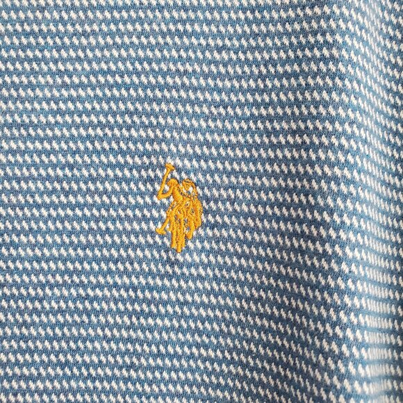 XL U.S. Polo Assn Slim Fit 2 Tone Blue Knit Shirt Short Sleeve Striped Mustard - Picture 9 of 9